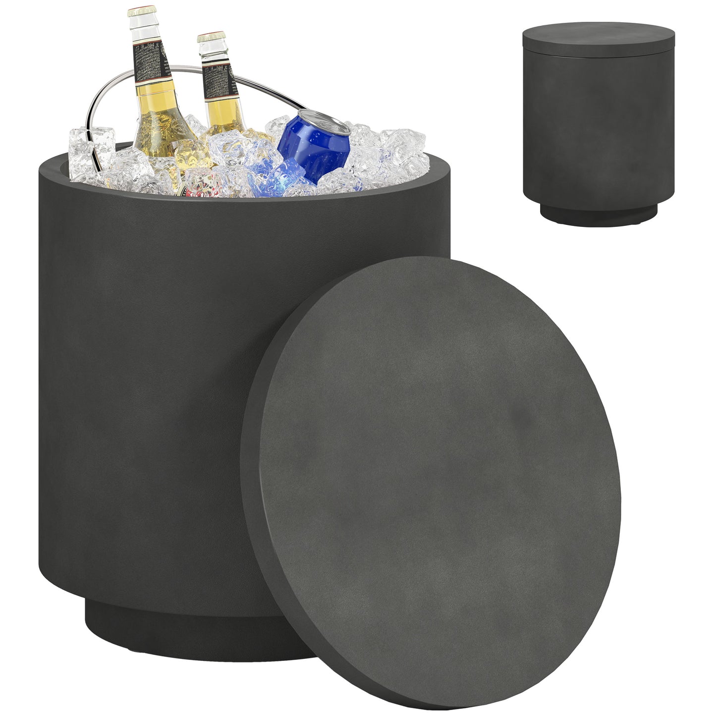 HOMCOM 2.6 Gal Outdoor Cooler Side Table, 3-In-1 Cool Bar Table with Storage, Removable Ice Bucket and Lid, Concrete Patio Table, Charcoal Gray