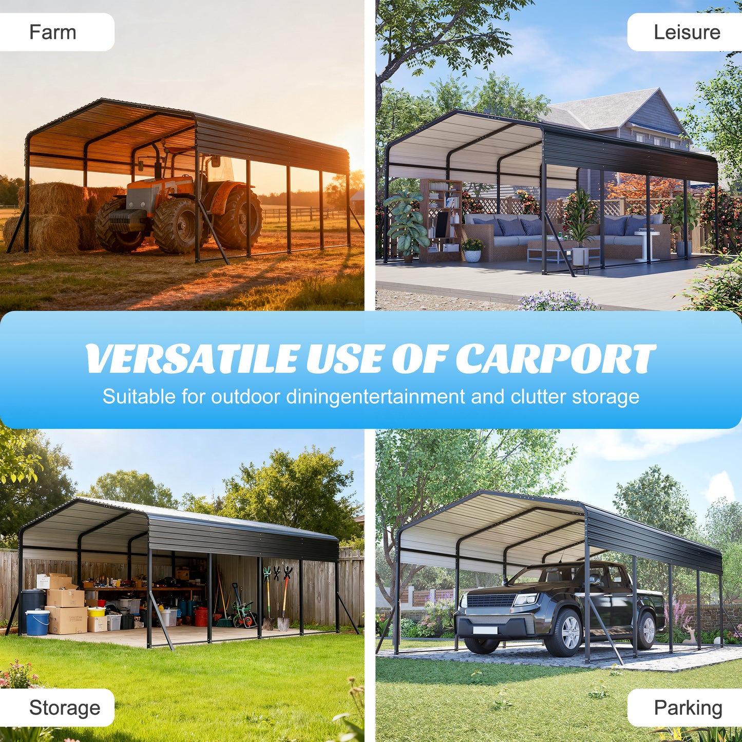 13x20 Metal Carport - Outdoor Garage Shelter