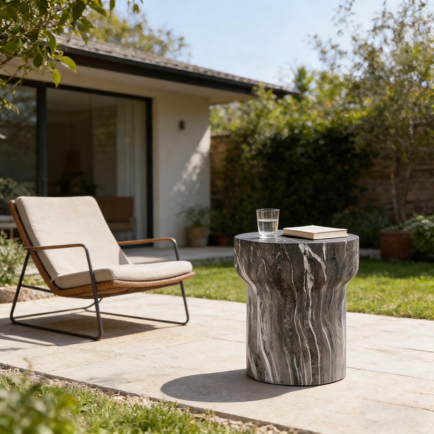 Cement Outdoor End Tables for Patio, GardenAccent Table Faux Terrazzo Accent Table, Modern Small Round Side Tablefor Outside, Tree Stump Garden Stool DrumTable indoor and Outdoor