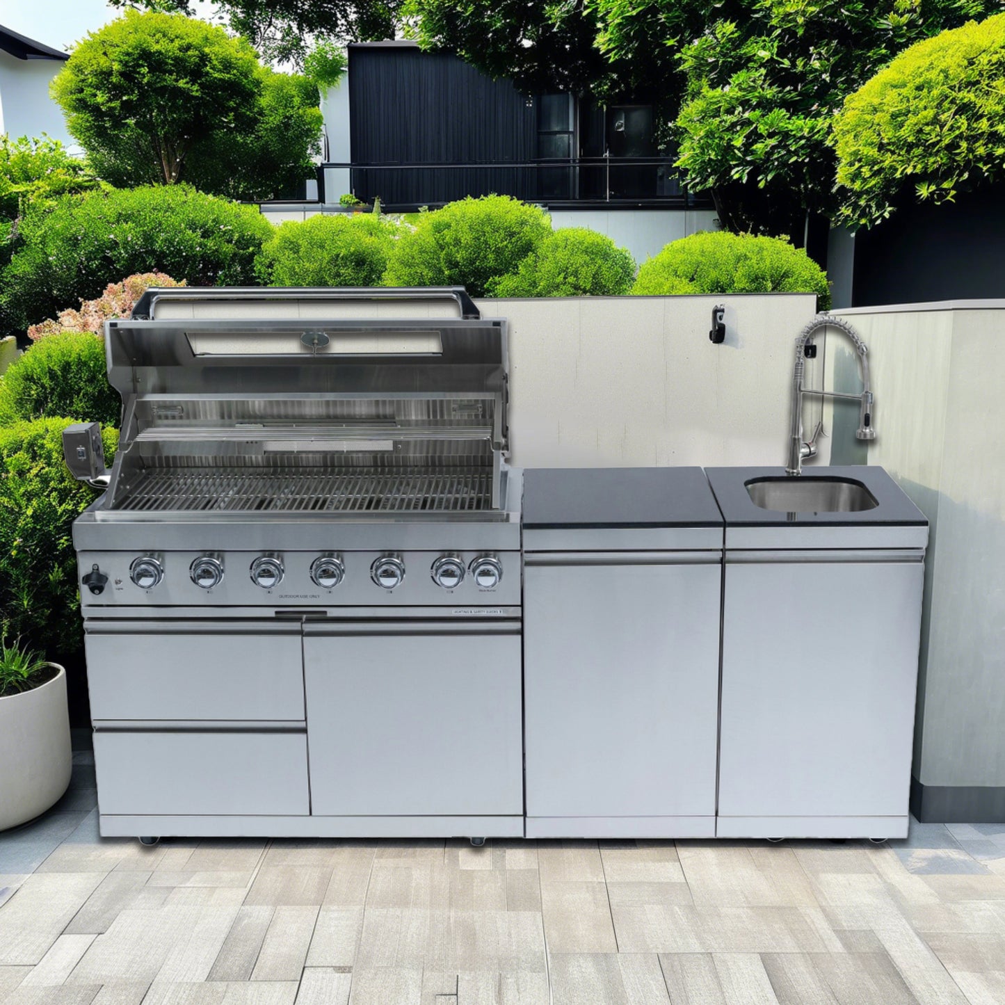 82-Inch 6-Burner 85000 BTU Deluxe Stainless Steel Gas Outdoor Kitchen Bar Barbecue Island Grill + Rotisserie + Granite Countertops + Storage Cabinets & Drawers + Stainless Steel Sink/Faucet