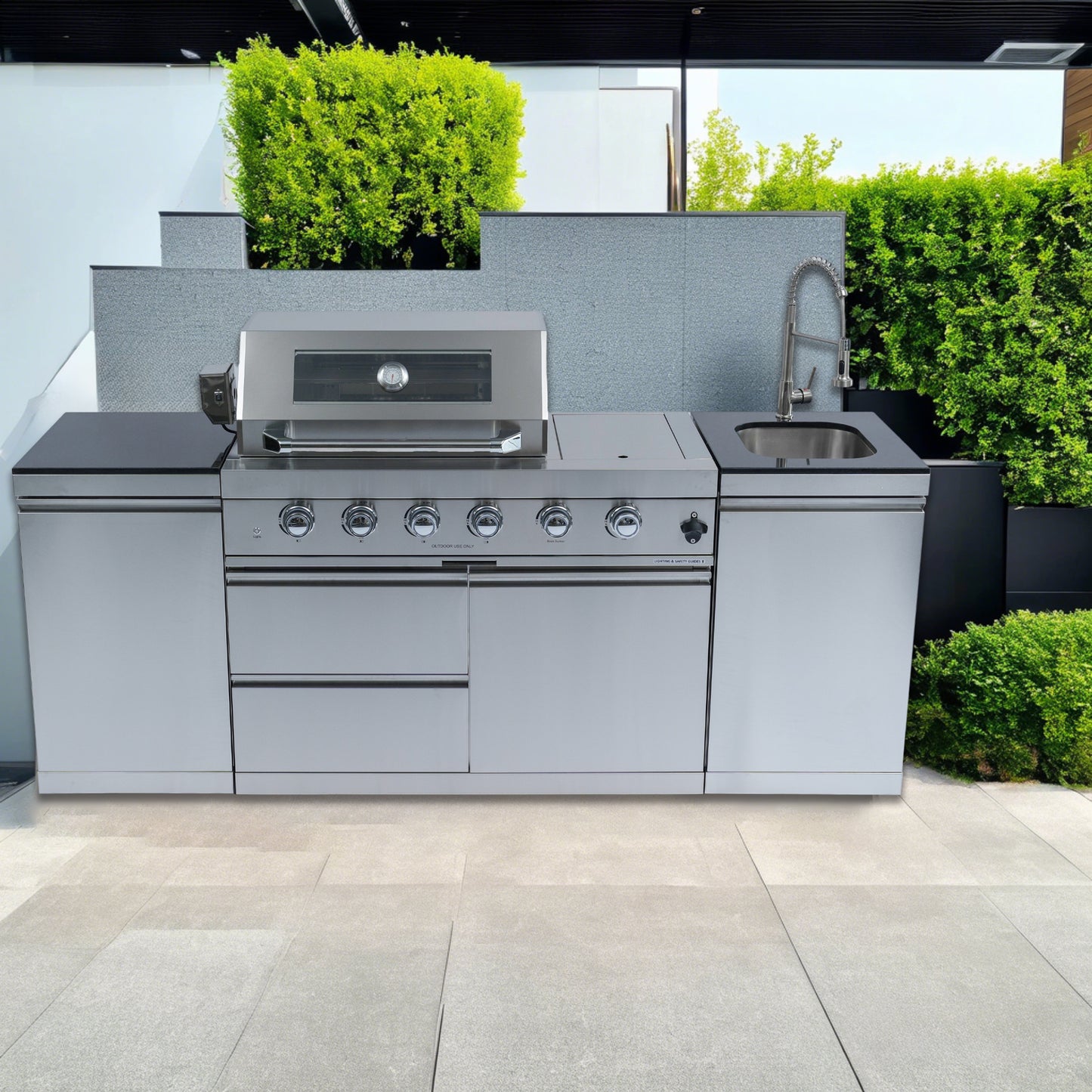 46-Inch 4-Burner 72000 BTU Deluxe Stainless Steel Gas Outdoor Kitchen Bar Barbecue Island Grill +Side B Rotisserie + Granite Countertops + Storage Cabinets & Drawers + Stainless Steel Sink/Faucet