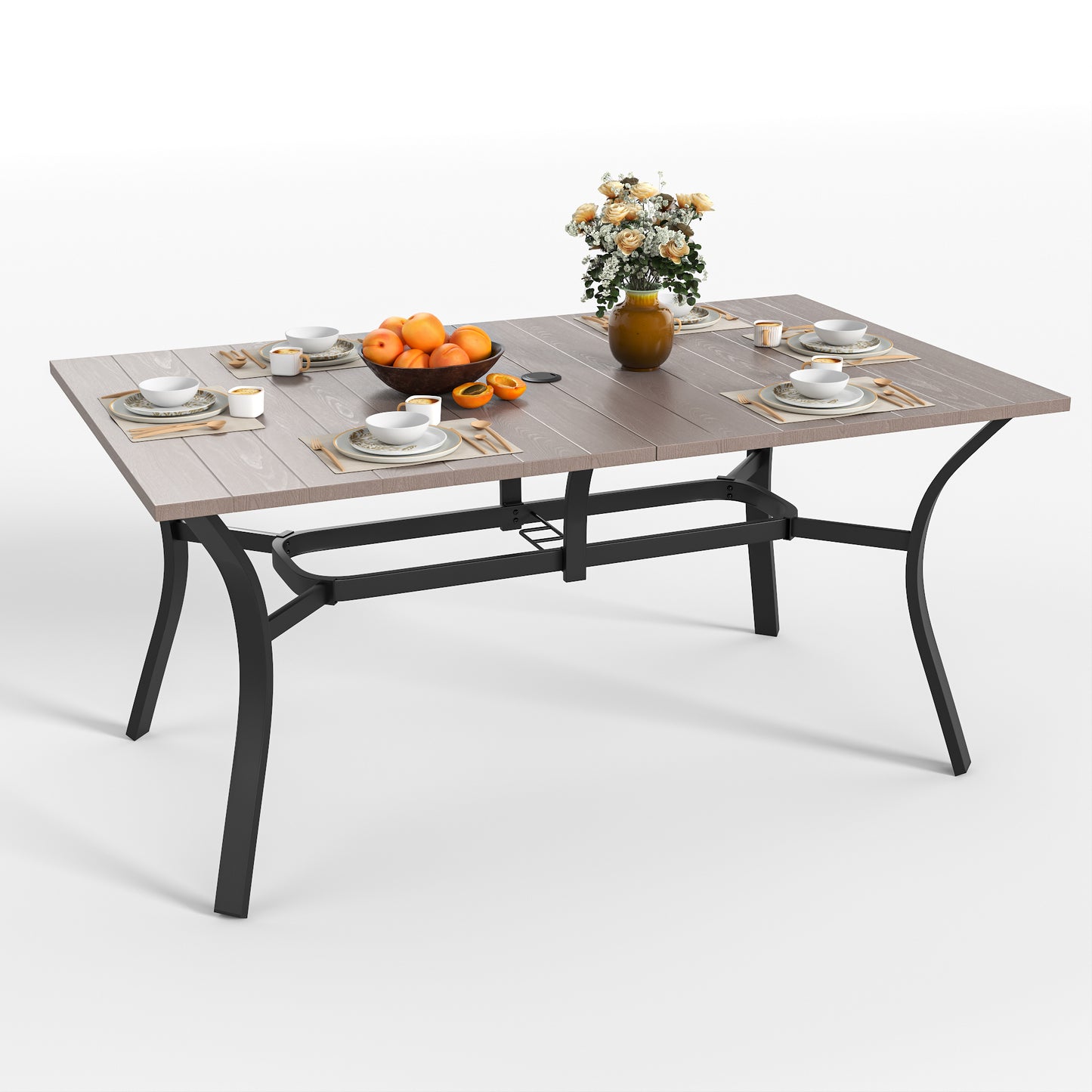 Vintage Wood Grain Metal Table 62.99" x 37.8" Rectangular with Umbrella Hole, Heavy-Duty Steel Frame Rust-Resistant Easy Clean, for Patio Garden Deck Dining Room Office