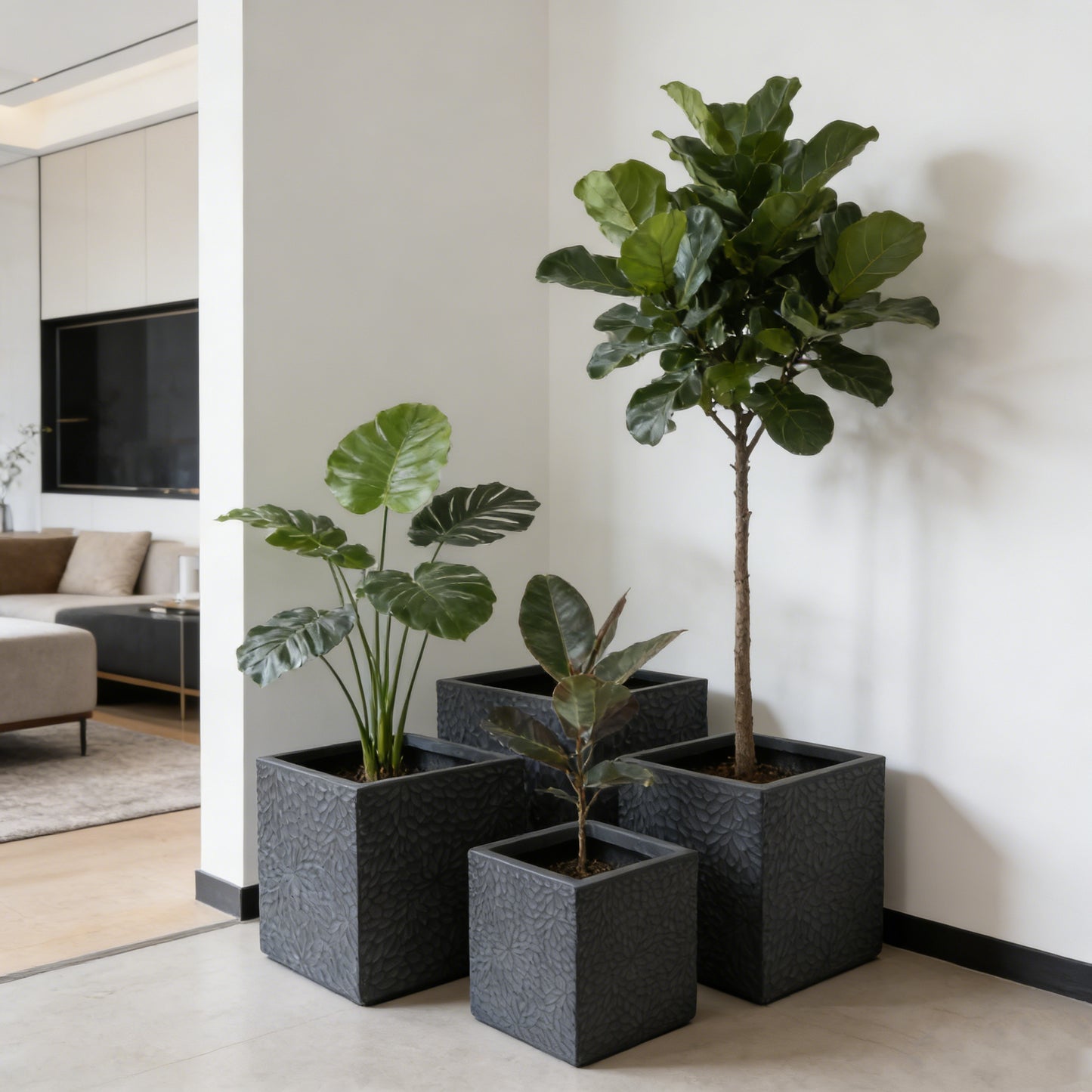 Large Outdoor Indoor Planter, 16.9"+14.37"+11.6" +9.25''Dia Square Magnesium Oxide Planter Set of 4, Flower Pots with Drainage Holes, Modern Design, Grey Color Planter for Home Garden Patio