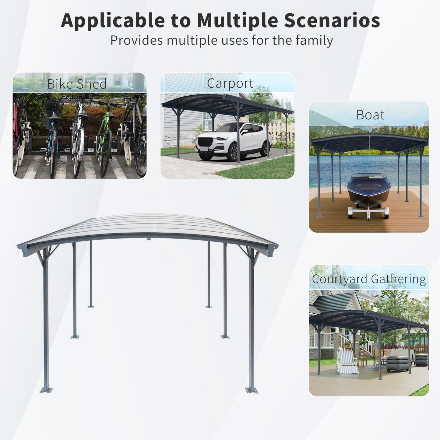 10x19ft Arch Carport - Aluminum Frame & Polycarbonate