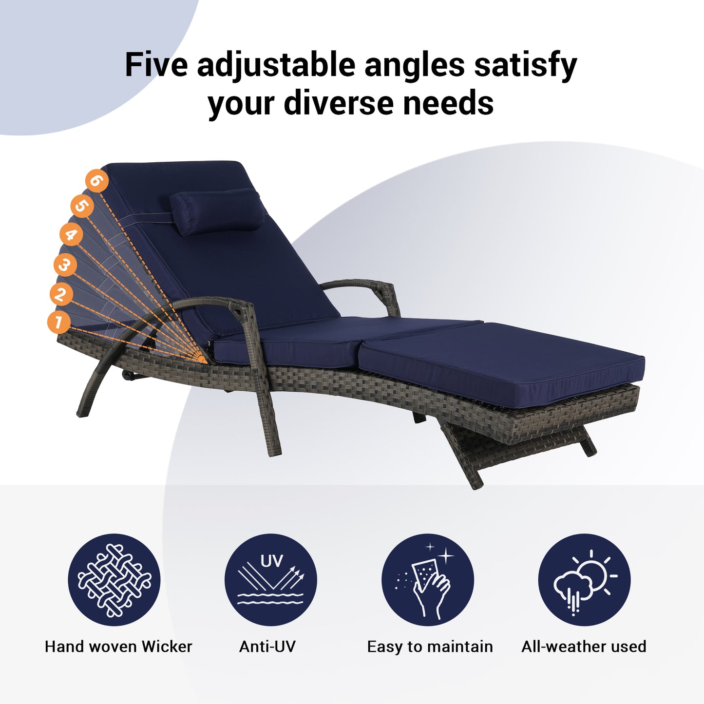 Dark Blue Wicker Reclining Chair Set of 2 with Cushions - Weather Resistant Outdoor