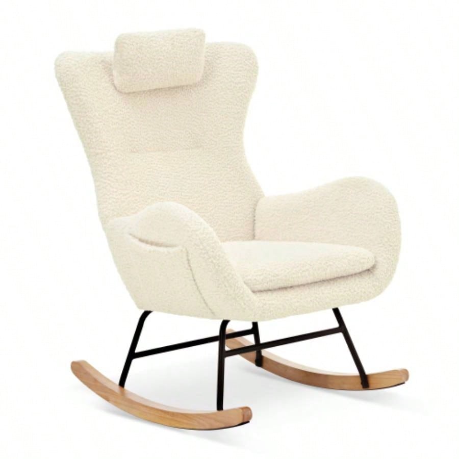 Rocking Chair Nursery, Teddy Upholstered Rocker Glider Chair with High Backrest, Adjustable Headrest Pocket, Comfy Glider Chair Nursery, Bedroom, Living Room, Offices, Rubber wood, beige