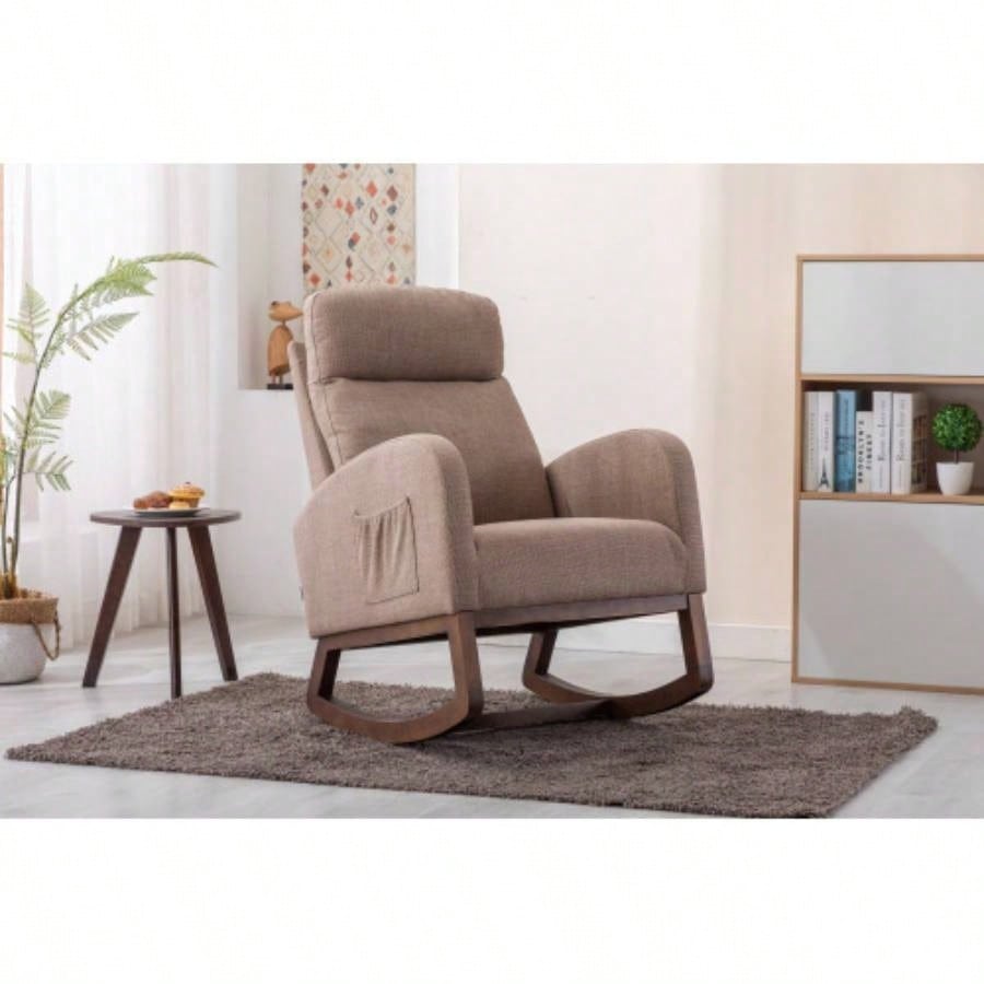 Rocking Chair, Modern Glider Chair, Recliner Armchair with Wood and Side Pocket, Nursery Rocking Accent Chair with High Back Living Room Bedroom Beige linen