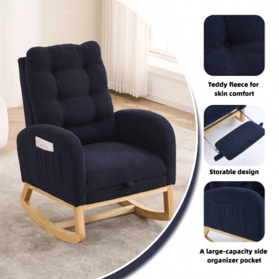 LY - 5104 Accent Rocking Chair with Footrest Storage Pocket, Deep Navy Blue High - Back Rocker, Rubber Wood Lounge Chair Nursery Living Room, 38.36x 26.77Dx 39.76H