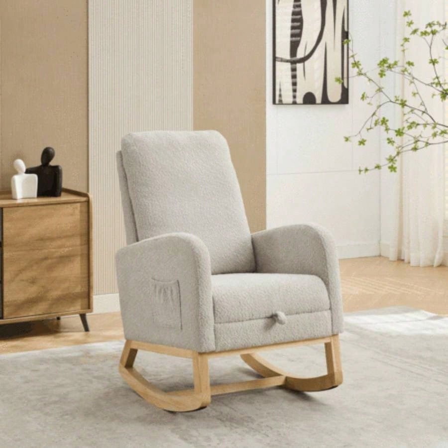 25.4 Rocking Chair Nursery, High Back Glider Chair with Retractable Footrest, Side Pocket, Rocking Accent Armchair with Rubber Wood Living Room/Bedroom. Charcoal