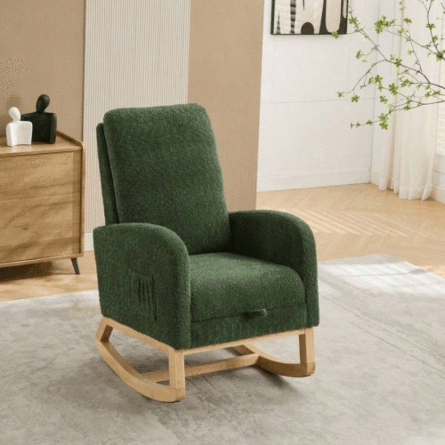 25.4 Rocking Chair Nursery, High Back Glider Chair with Retractable Footrest, Side Pocket, Rocking Accent Armchair with Rubber Wood Living Room/Bedroom. Ivory
