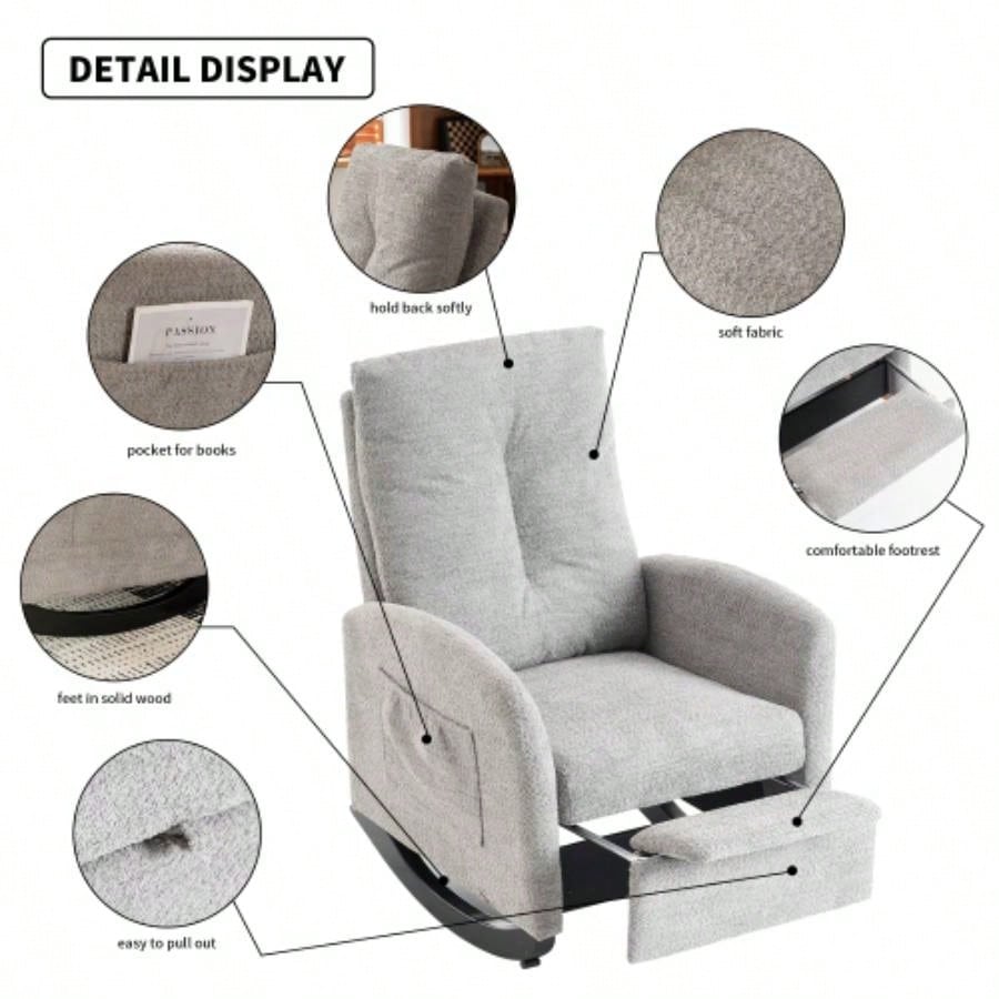 Accent Rocking Chair with Footrest High Back Rubber Wood Rocking Bedroom Living Space