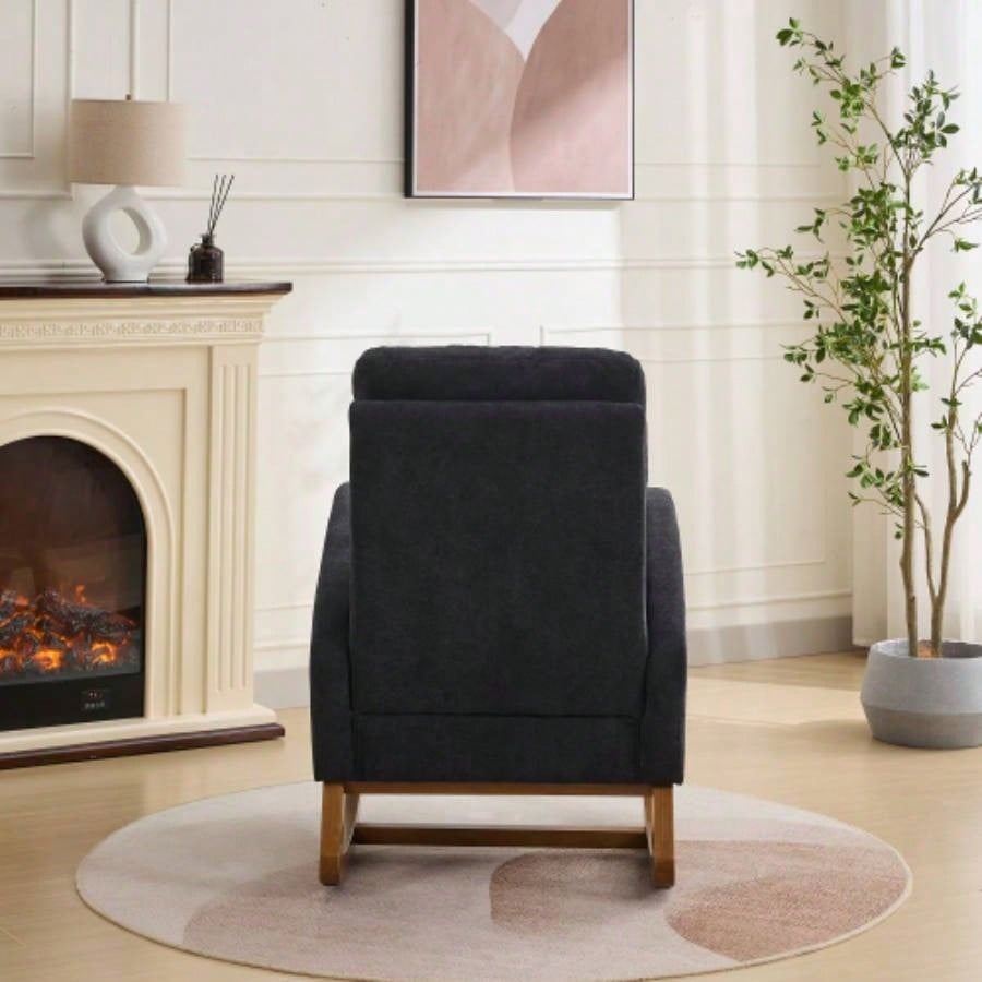 27.2 Rocking Chair Nursery, Polyester Glider Chair with High Back and Side Pocket, Rocking Accent Armchair with Rubber Wood Living Room/Bedroom. Black