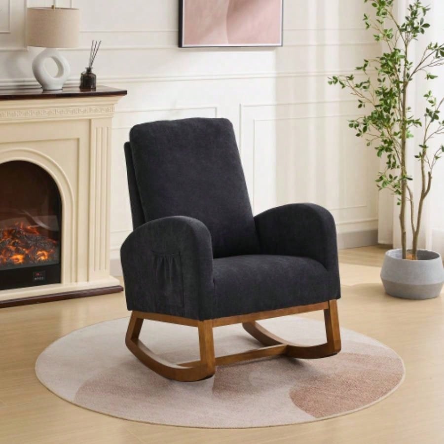 27.2 Rocking Chair Nursery, Polyester Glider Chair with High Back and Side Pocket, Rocking Accent Armchair with Rubber Wood Living Room/Bedroom. Black