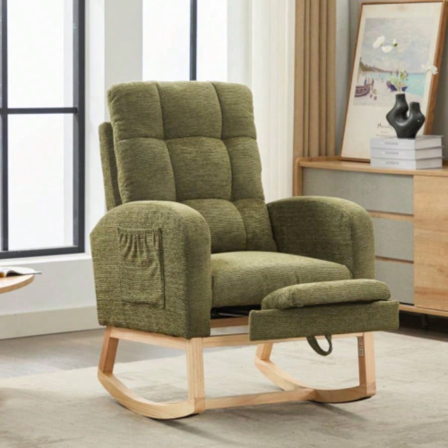 Modern Accent Rocking Chair Rocking Chair with Solid Wood, adjustable Footrest, Comfy Armchair with Side Pocket, Living Room Lounge Arm Chair with High Backrest