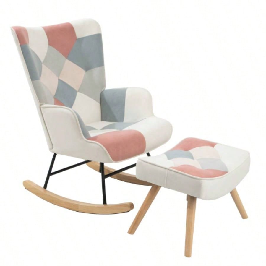 Rocking Chair with ottoman, Mid Fabric Rocker Chair with Wood and Patchwork Linen Livingroom Bedroom