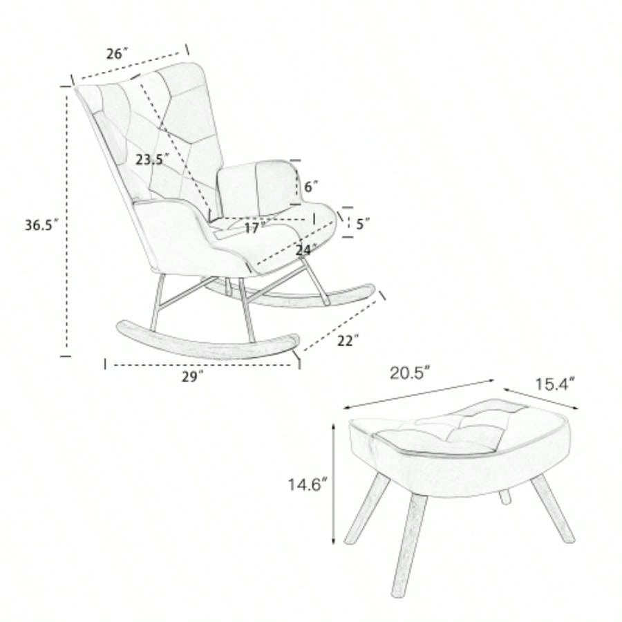 Rocking Chair with ottoman, Mid Fabric Rocker Chair with Wood and Patchwork Linen Livingroom Bedroom