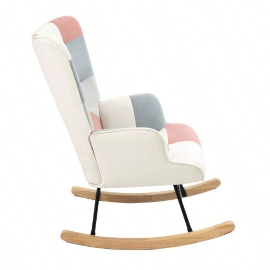 Rocking Chair with ottoman, Mid Fabric Rocker Chair with Wood and Patchwork Linen Livingroom Bedroom