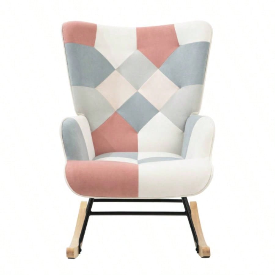 Rocking Chair with ottoman, Mid Fabric Rocker Chair with Wood and Patchwork Linen Livingroom Bedroom
