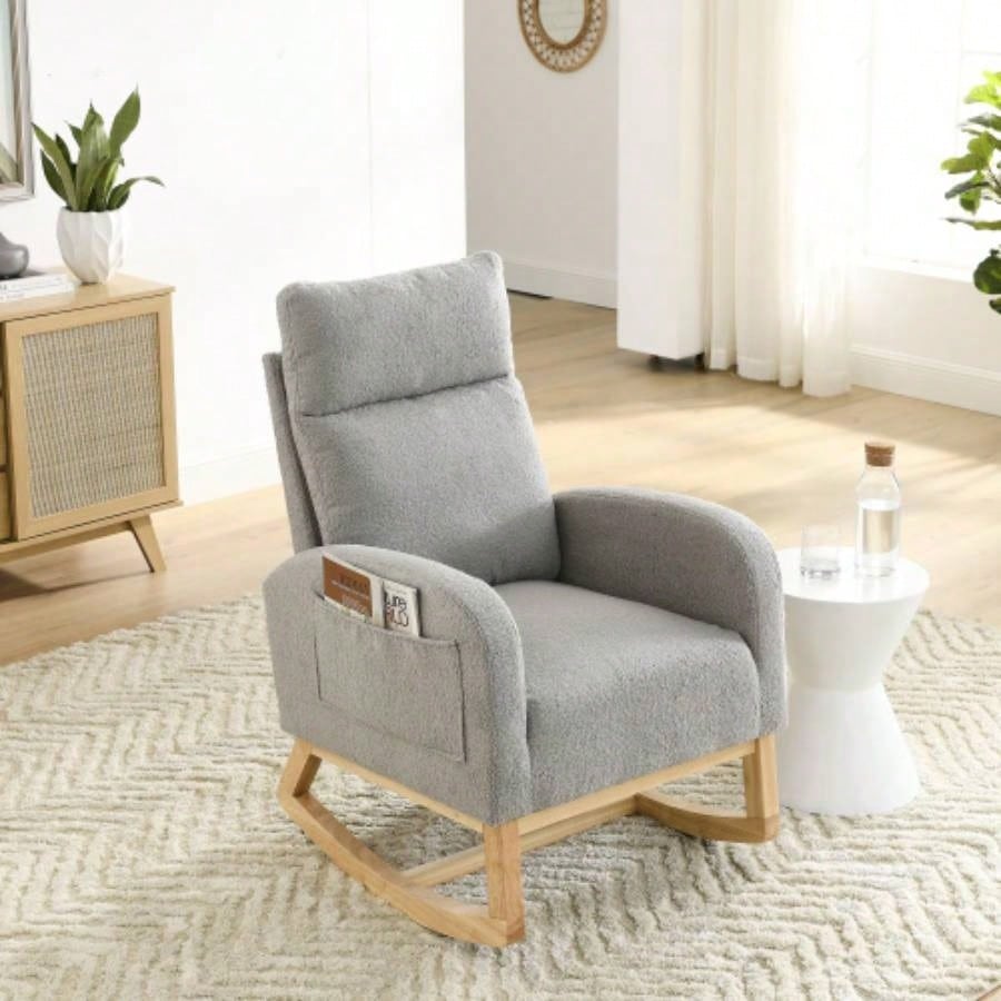 Video Welike 27.6 Modern Accent High Backrest Living Room Lounge Arm Rocking Chair, Two Side Pocket, Teddy White Ivory