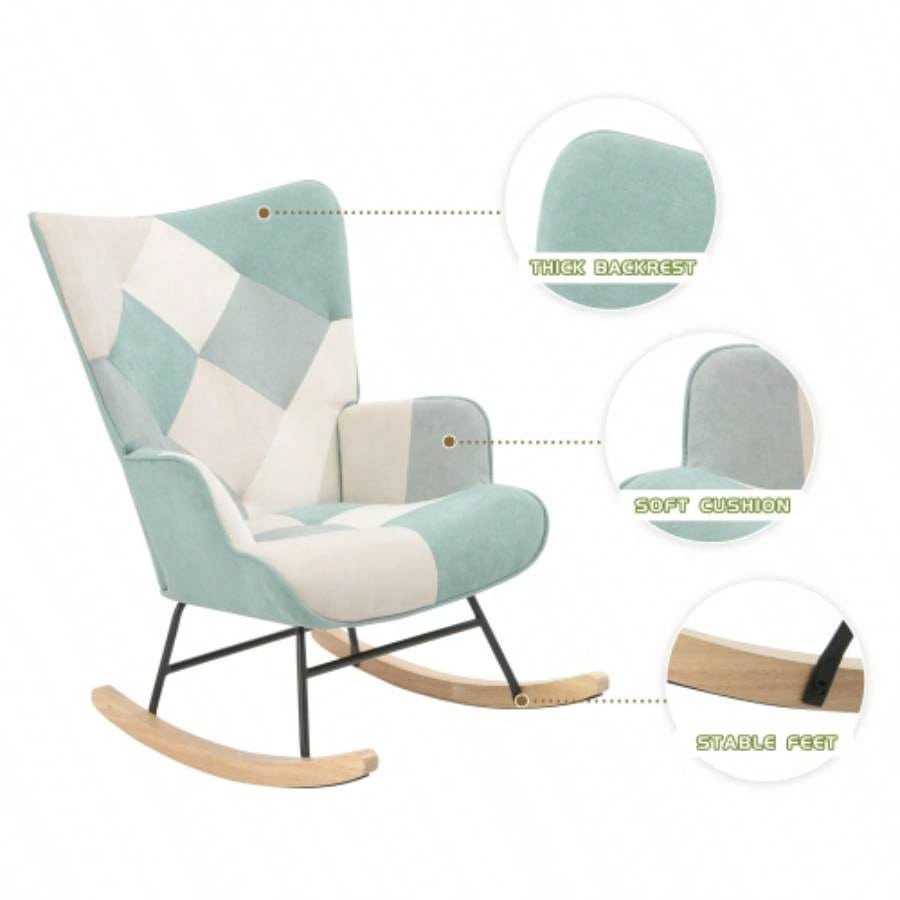 Rocking Chair with ottoman, Mid Fabric Rocker Chair with Wood and Patchwork Linen Livingroom Bedroom