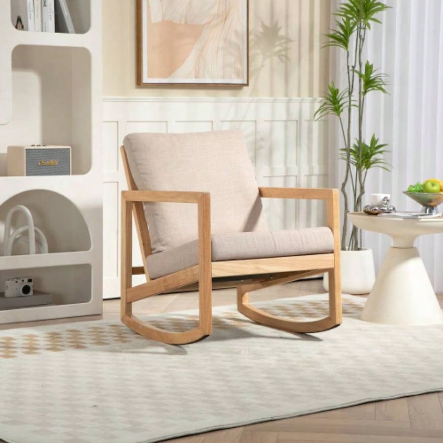 Upholstered Accent Glider Chair, Rubberwood Frame in Natural, Khaki