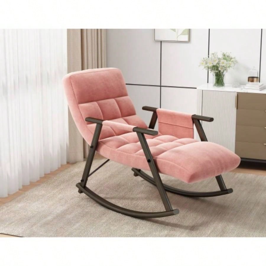 Casual folding rocking chair upholstered, lounge rocking chair adjustable high back and foot rest, side pockets placed in living room bedroom balcony