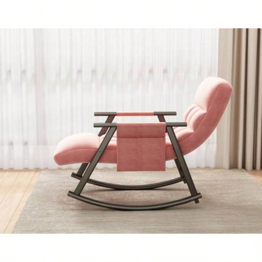 Casual folding rocking chair upholstered, lounge rocking chair adjustable high back and foot rest, side pockets placed in living room bedroom balcony