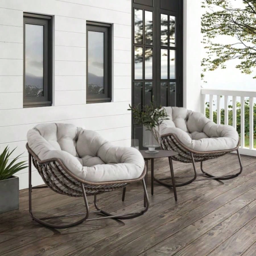 Outdoor Rattan Rocking Chair, Padded Cushion Rocker Recliner Chair Outdoor Front Porch, Living Room, Patio, Garden, Beige