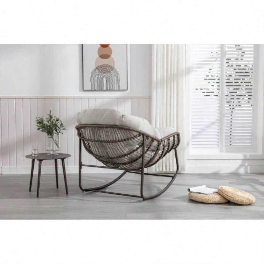 Outdoor Rattan Rocking Chair, Padded Cushion Rocker Recliner Chair Outdoor Front Porch, Living Room, Patio, Garden, Beige