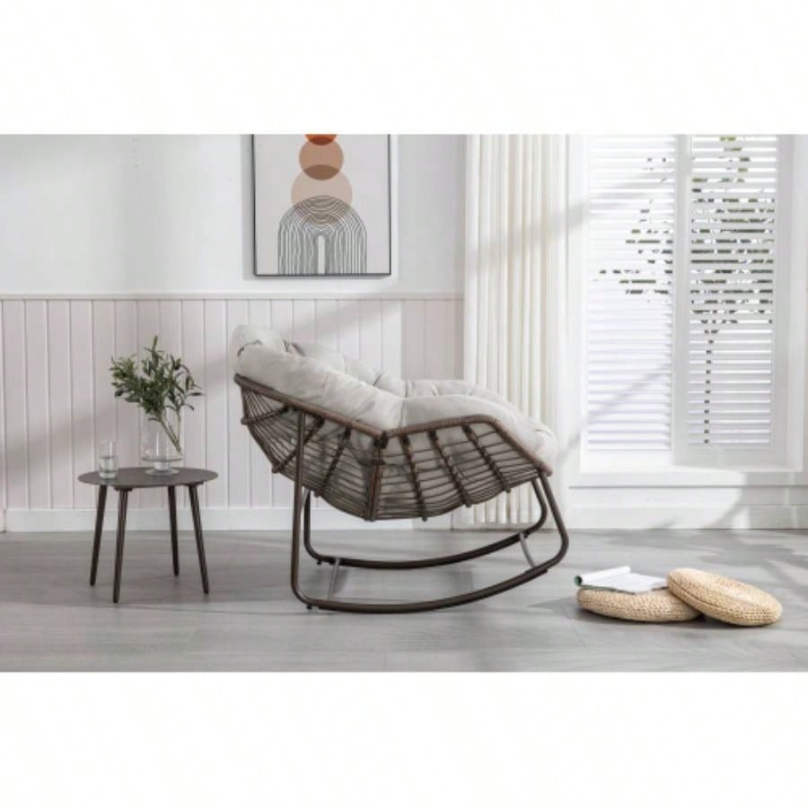Outdoor Rattan Rocking Chair, Padded Cushion Rocker Recliner Chair Outdoor Front Porch, Living Room, Patio, Garden, Beige