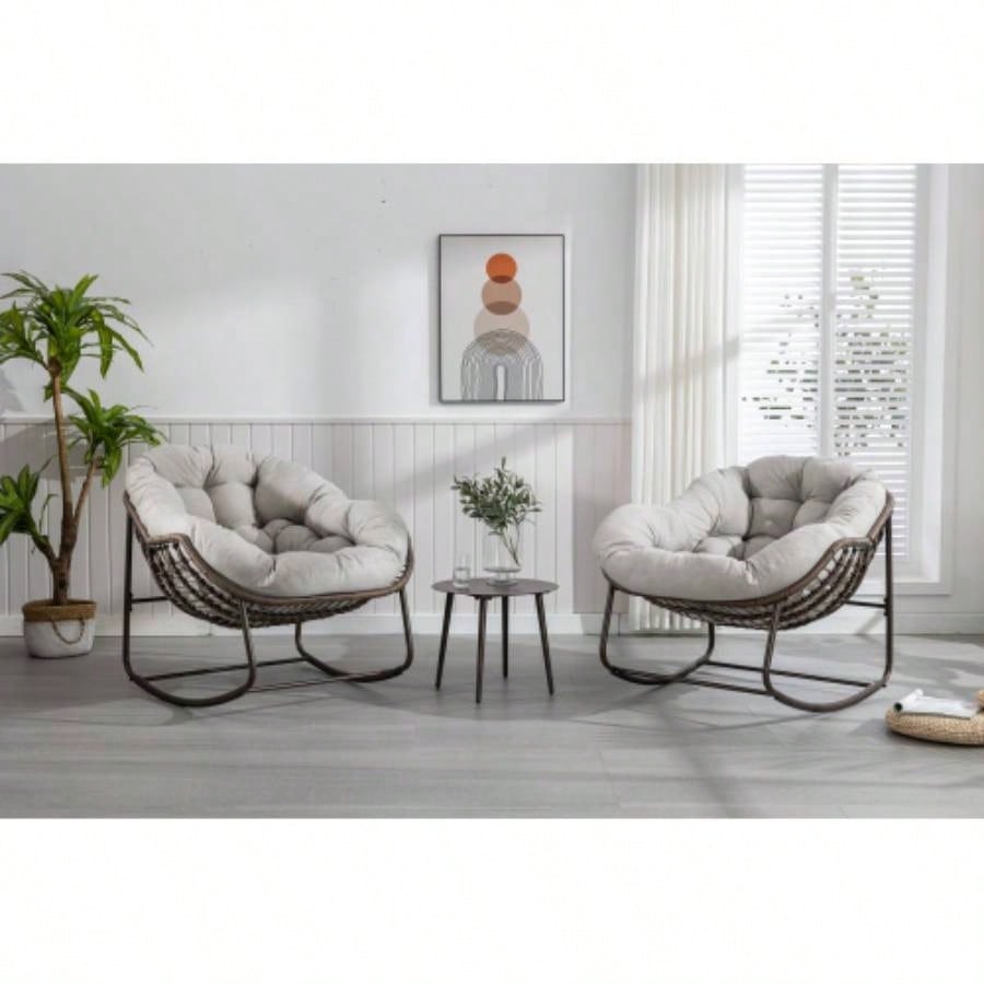 Outdoor Rattan Rocking Chair, Padded Cushion Rocker Recliner Chair Outdoor Front Porch, Living Room, Patio, Garden, Beige