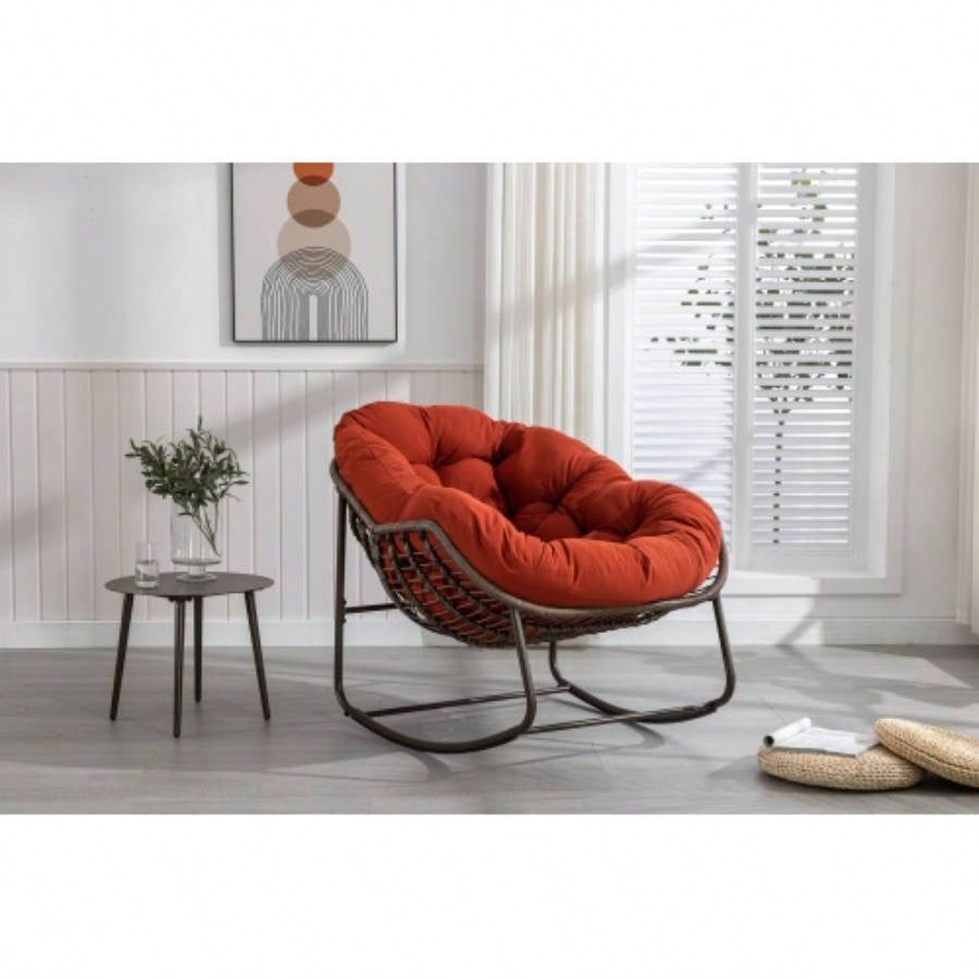 Outdoor Rattan Rocking Chair, Padded Cushion Rocker Recliner Chair Outdoor Front Porch, Living Room, Patio, Garden, Beige