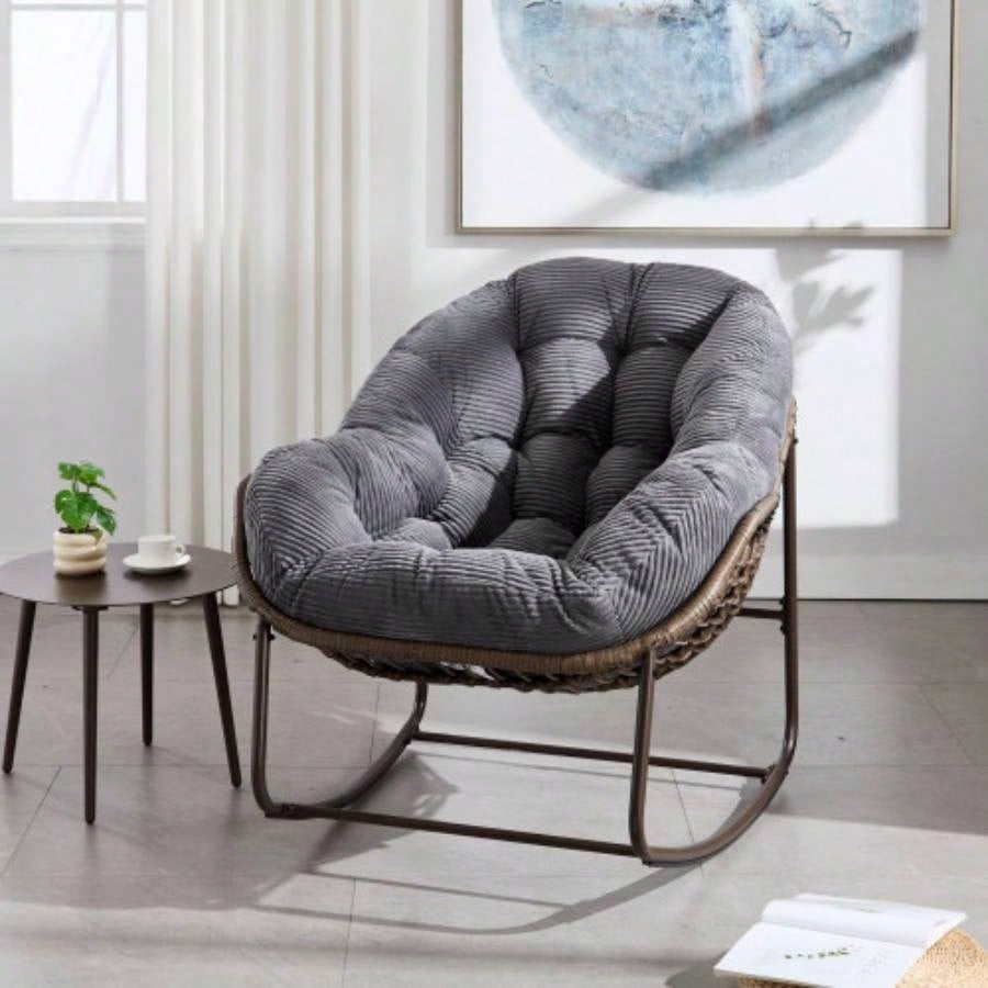 Outdoor Rattan Rocking Chair, Padded Cushion Rocker Recliner Chair Outdoor Front Porch, Living Room, Patio, Garden, Beige
