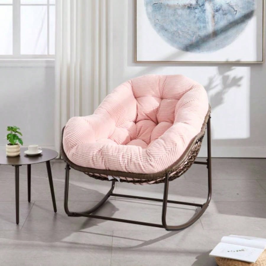 Outdoor Rattan Rocking Chair, Padded Cushion Rocker Recliner Chair Outdoor Front Porch, Living Room, Patio, Garden, Beige