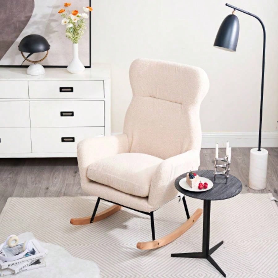 Modern Rocking Chair with High Backrest, Teddy Material Comfort Arm Rocker, Lounge Armchair Living Room