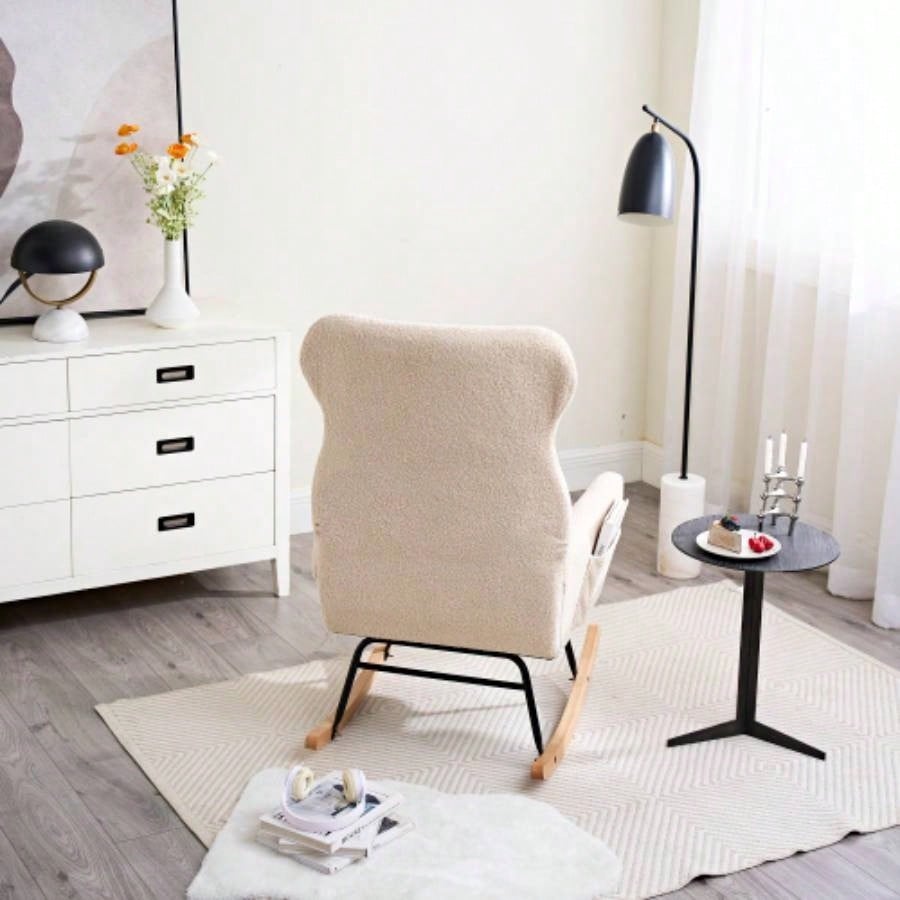 Modern Rocking Chair with High Backrest, Teddy Material Comfort Arm Rocker, Lounge Armchair Living Room