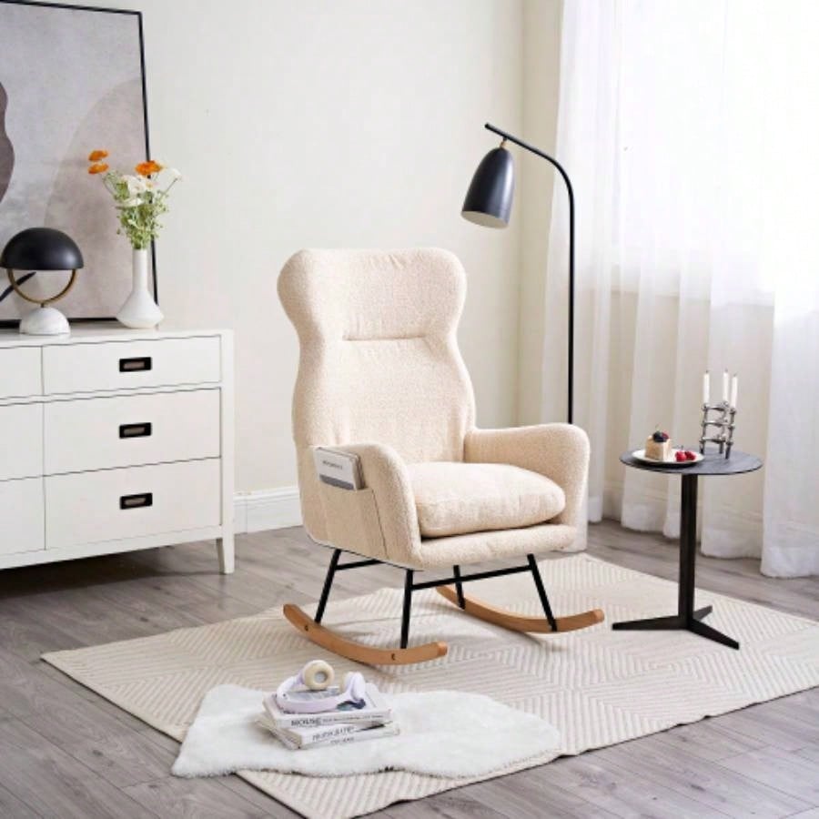 Modern Rocking Chair with High Backrest, Teddy Material Comfort Arm Rocker, Lounge Armchair Living Room