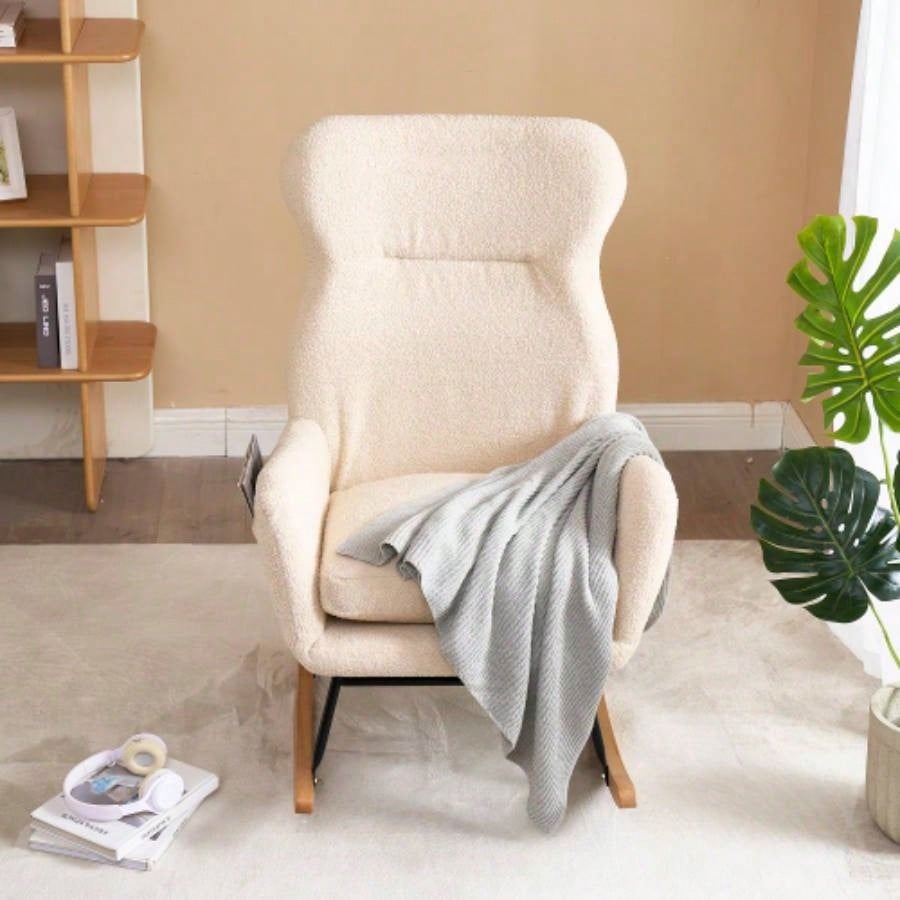 Modern Rocking Chair with High Backrest, Teddy Material Comfort Arm Rocker, Lounge Armchair Living Room