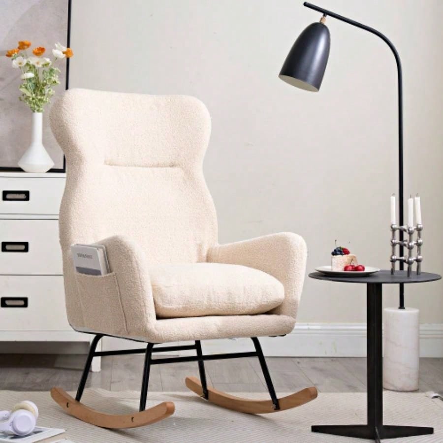 Modern Rocking Chair with High Backrest, Teddy Material Comfort Arm Rocker, Lounge Armchair Living Room