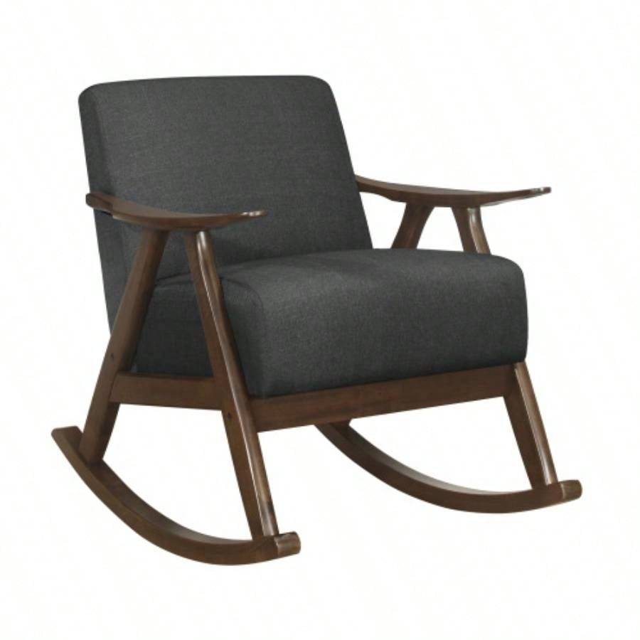 Modern Home Furniture 1pc Rocking Chair Gray Fabric Upholstered Dark Walnut Wood Cushion and Back