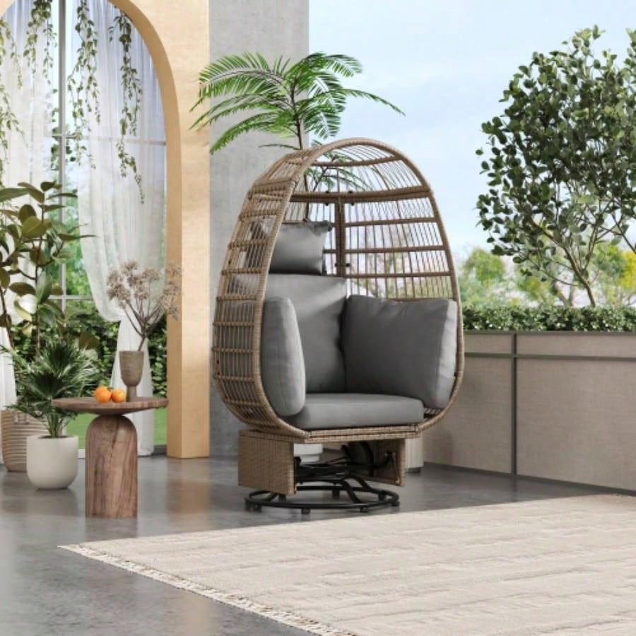 TREXM Outdoor Swivel Chair with Cushions, Rattan Patio Chair with Rocking Function Balcony, Poolside and Garden Natural Wicker+ Beige Cushion