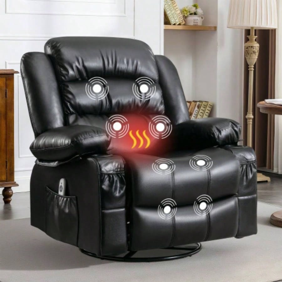 Massage Swivel Rocker Recliner Chair with Vibration Massage and Heat Ergonomic Lounge Chair Living Room with Rocking Function and Side Pocket 2 Cup Holders USB Charge Port, BROWN