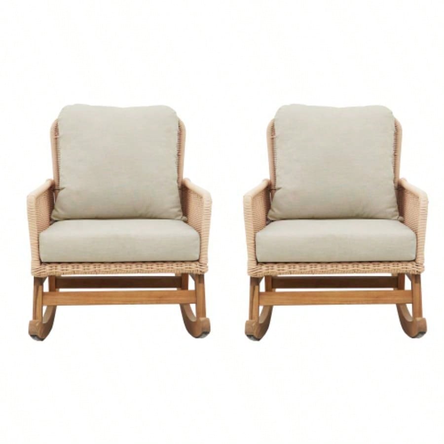 Set of 2 Contemporary Minimalist Beige Wicker Rocking Chair with Soft Polyester Cushions and Durable Wooden Frame, Indoor and Outdoor Spaces like Patio, Balcony, or Living Room