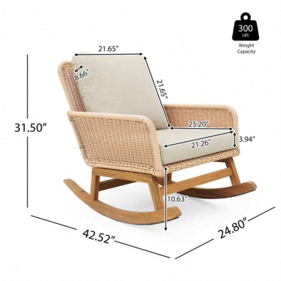 Set of 2 Contemporary Minimalist Beige Wicker Rocking Chair with Soft Polyester Cushions and Durable Wooden Frame, Indoor and Outdoor Spaces like Patio, Balcony, or Living Room