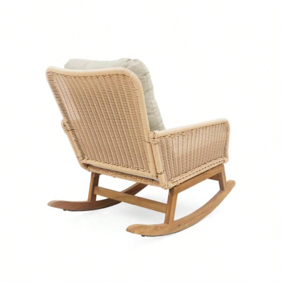 Set of 2 Contemporary Minimalist Beige Wicker Rocking Chair with Soft Polyester Cushions and Durable Wooden Frame, Indoor and Outdoor Spaces like Patio, Balcony, or Living Room