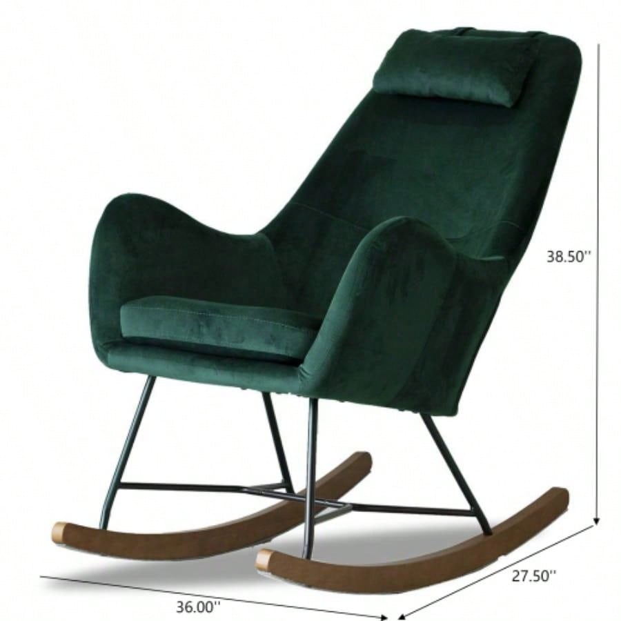 Velvet Rocking Chair in Green with Comfortable Design Home and Nursery Living Room Bedroom Waiting Room 38.5Hx 27.5x 36D