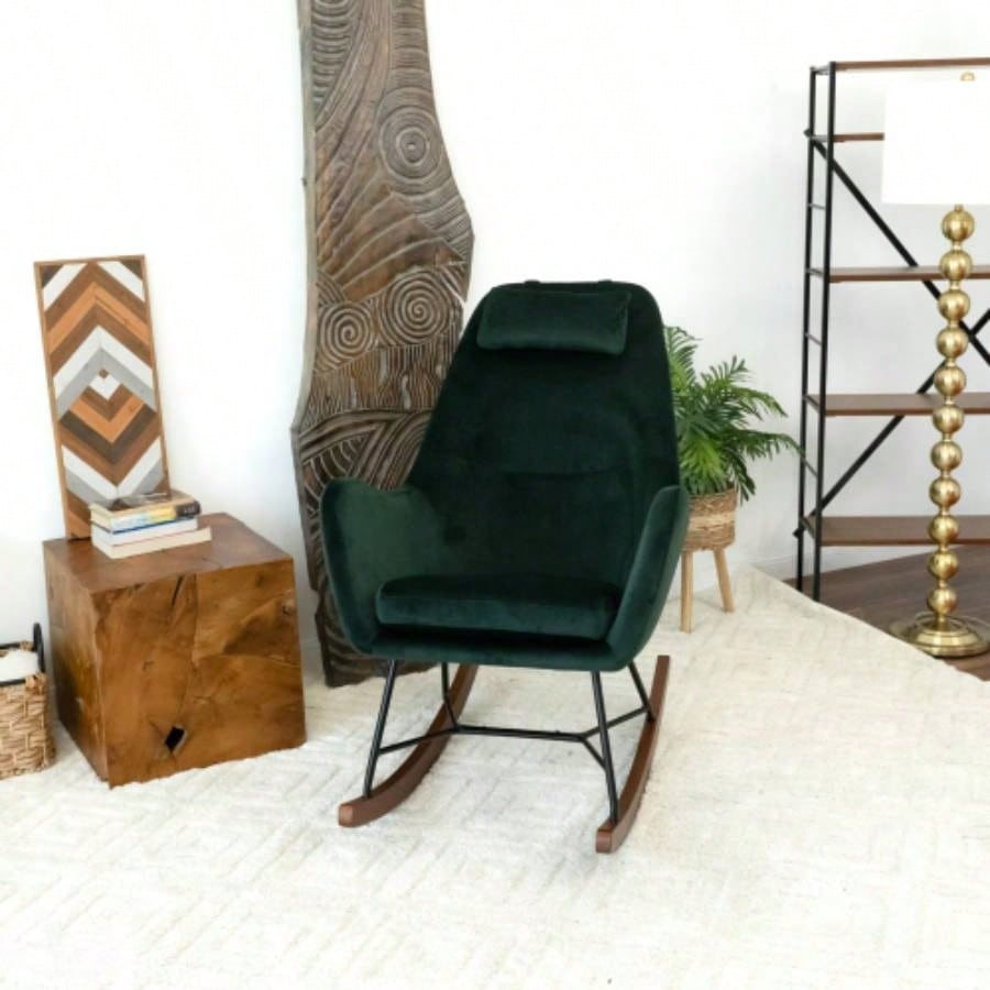 Velvet Rocking Chair in Green with Comfortable Design Home and Nursery Living Room Bedroom Waiting Room 38.5Hx 27.5x 36D