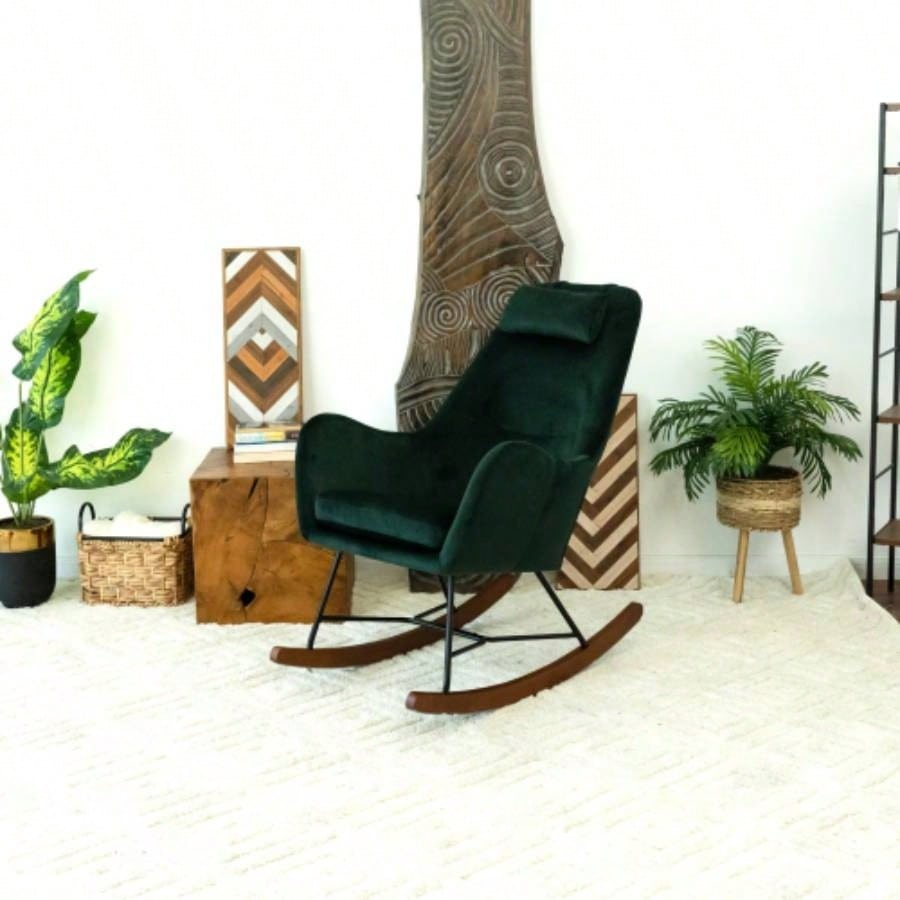 Velvet Rocking Chair in Green with Comfortable Design Home and Nursery Living Room Bedroom Waiting Room 38.5Hx 27.5x 36D