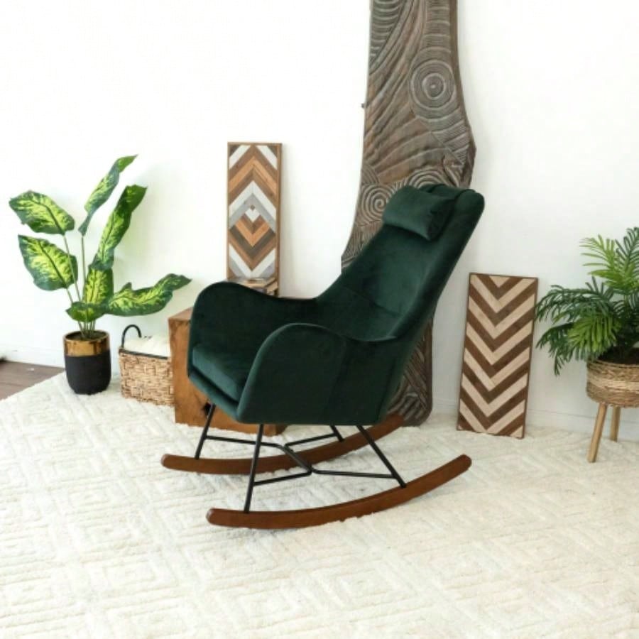 Velvet Rocking Chair in Green with Comfortable Design Home and Nursery Living Room Bedroom Waiting Room 38.5Hx 27.5x 36D