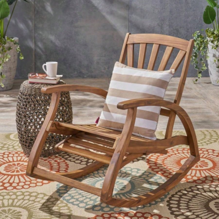 Outdoor Acacia wood Rocking Chair with Retractable foot panel, Rocker Patio Rocking Chair Porch, Patio, Balcony,